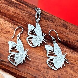 🆕 Butterflies Laser Etched Necklace and Earrings Set Stainless Steel